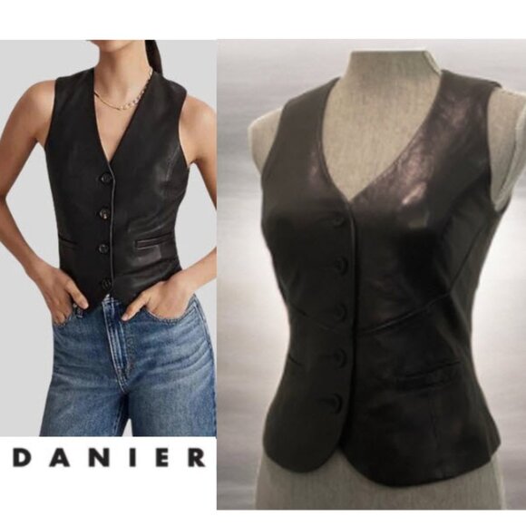 Danier Black Leather Buttoned Fitted Vest Small Sleek & Stylish - Picture 1 of 15